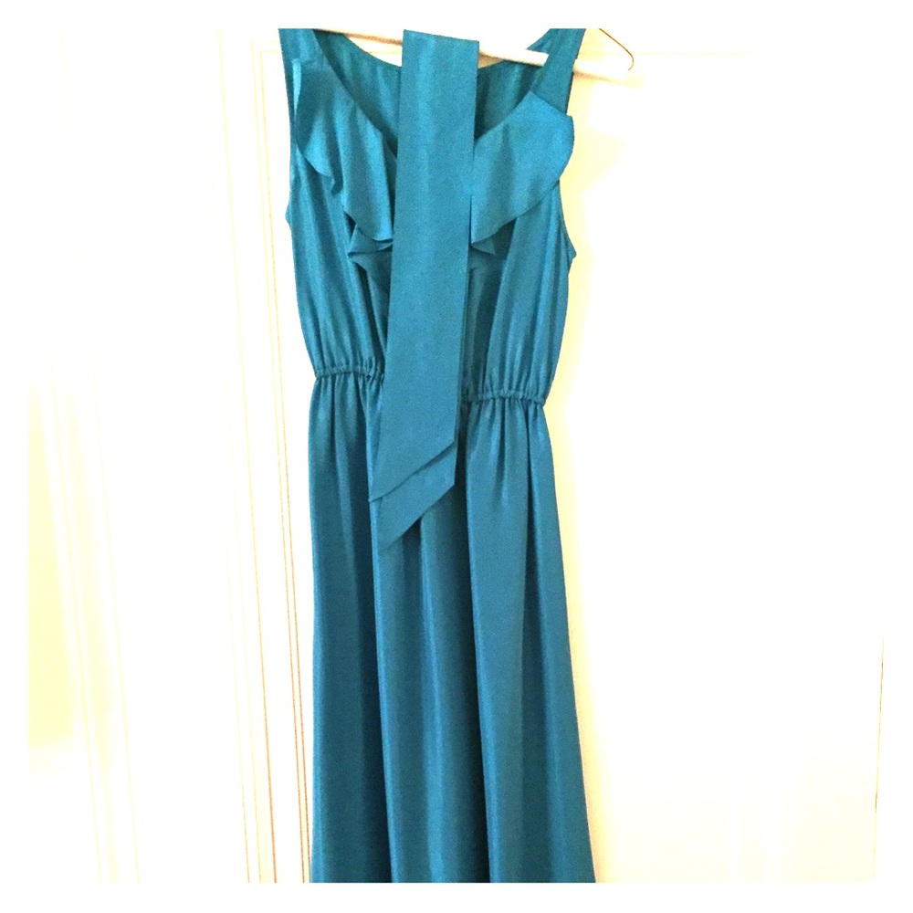 Anthropologie Teal Silky Ruffle Dress